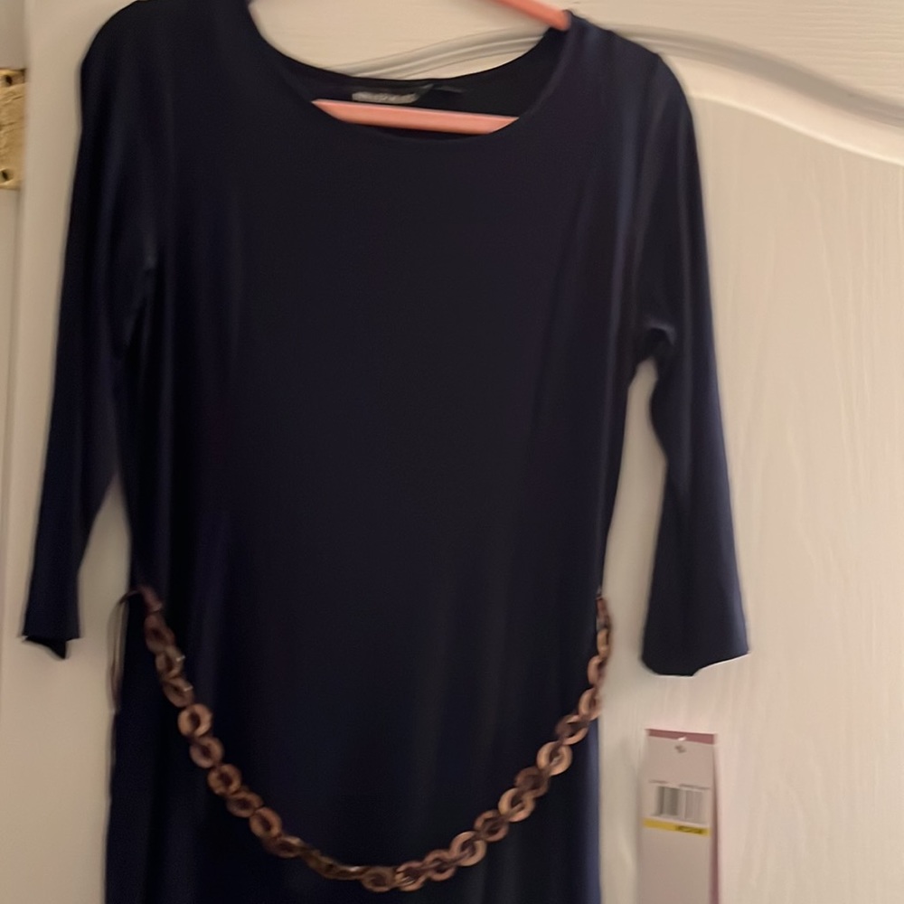 NWT Nina Lenord women’s maxi dress Blue with belt 3/4 length sleeves M stretch - Picture 2 of 6